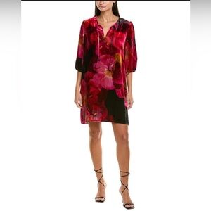 Johnny Was Women Size Large Vesna Velvet Silk-Blend Shift New Dress Ruby‎ Bloom